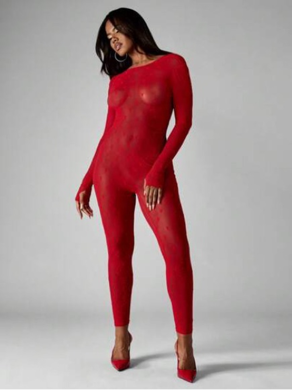 Missguided Red Sheer Long-Sleeve Bodysuit Jumpsuit